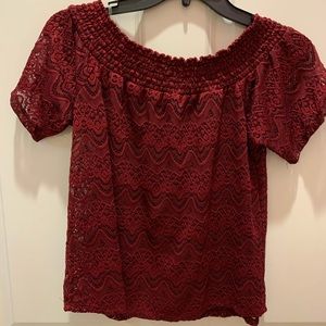 Off-the-shoulder red lace shirt